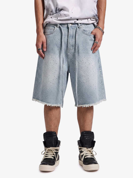 Distressed Rhinestone Denim Jorts - 2454