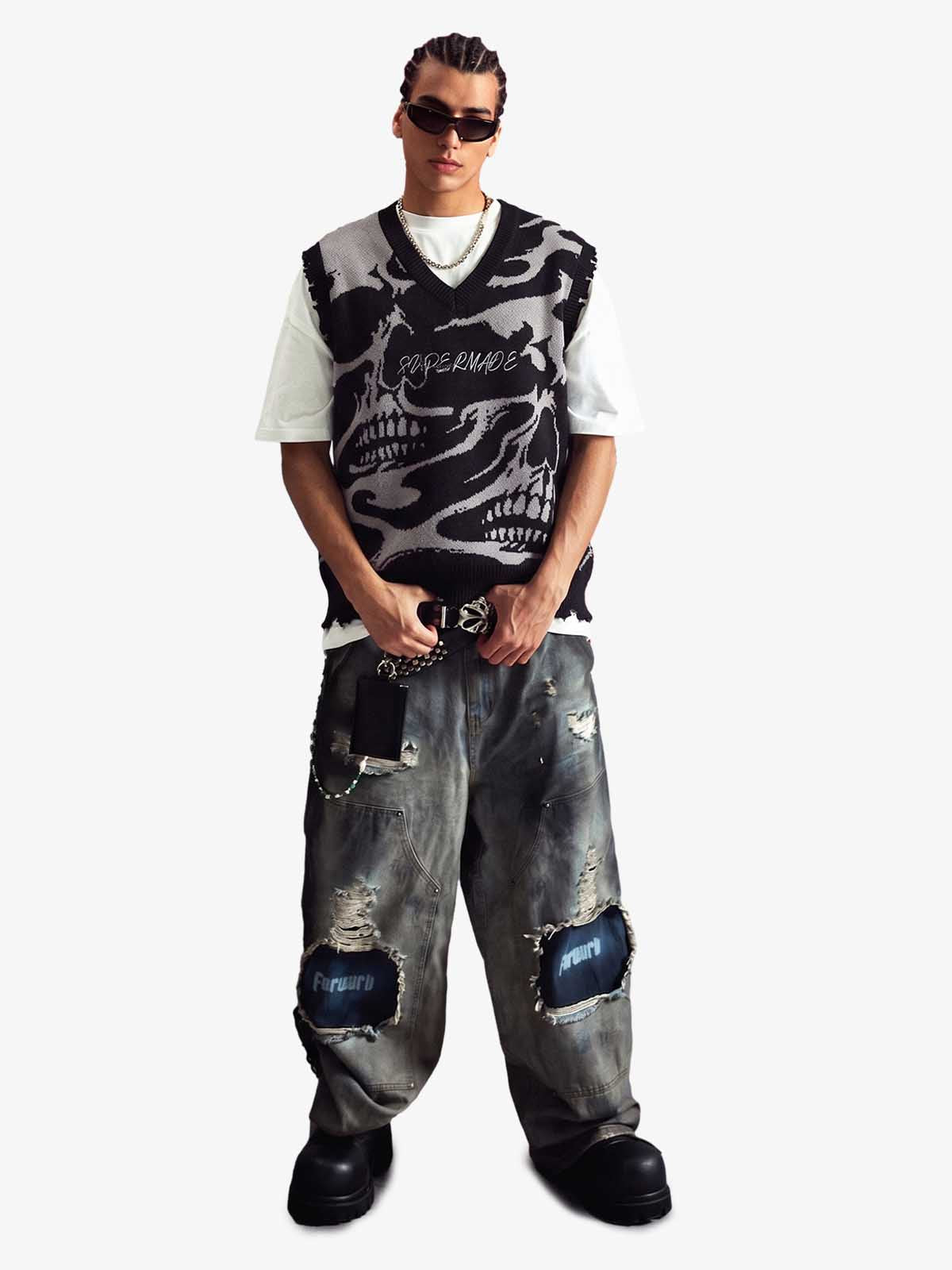 High Street Dark Skull Frayed-edge V-neck Sweater Vest
