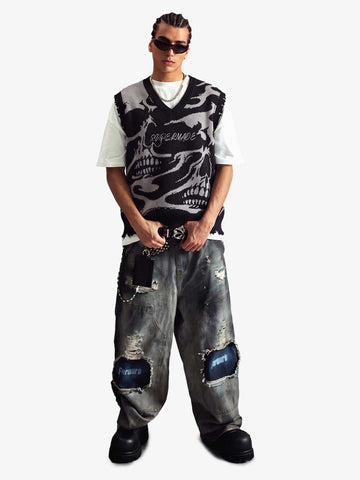 High Street Dark Skull Frayed-edge V-neck Sweater Vest
