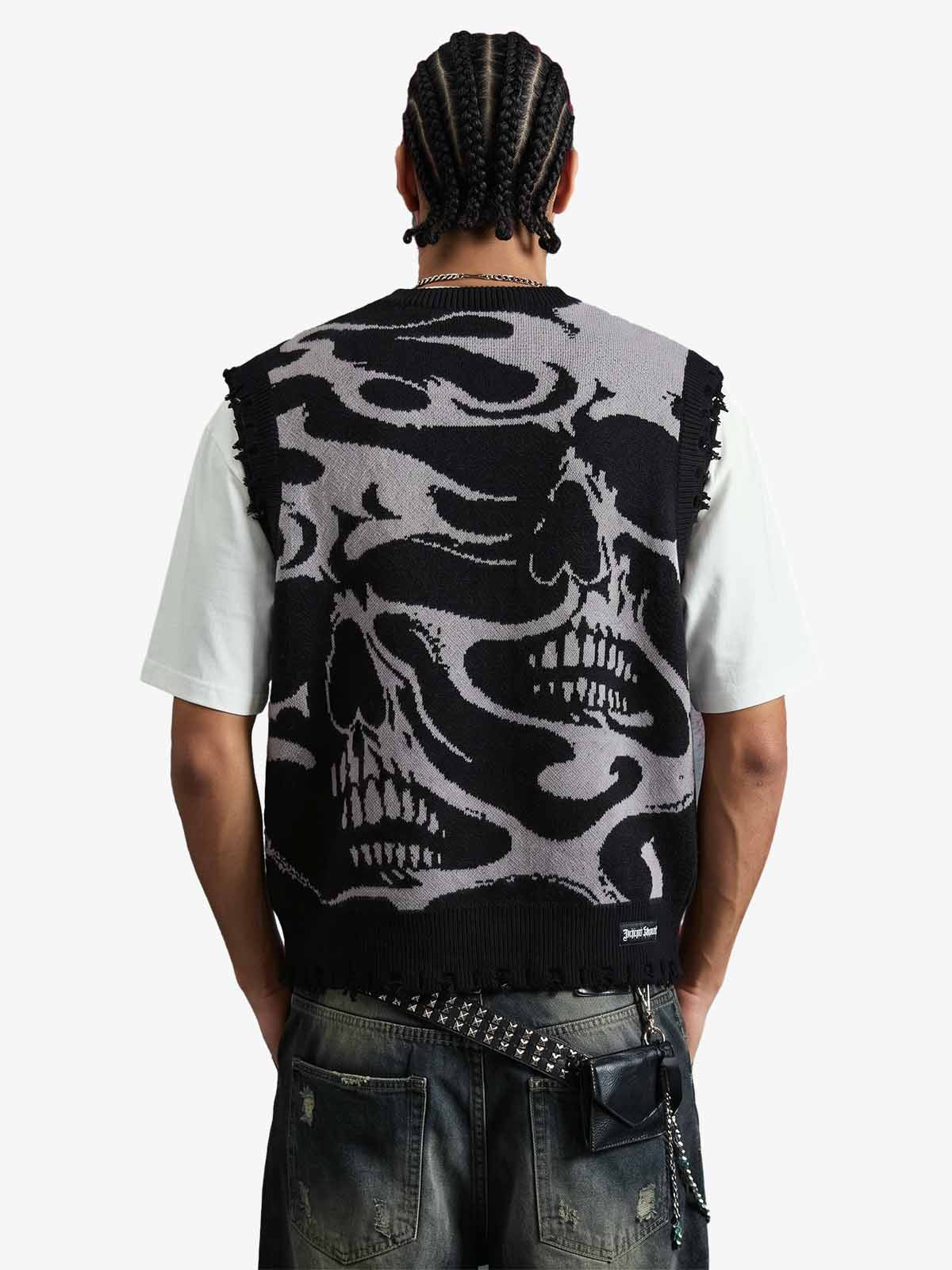 High Street Dark Skull Frayed-edge V-neck Sweater Vest