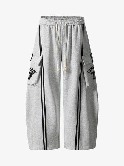 Cotton Web Stitching Letter Print Drawstring Barrel Pants 
