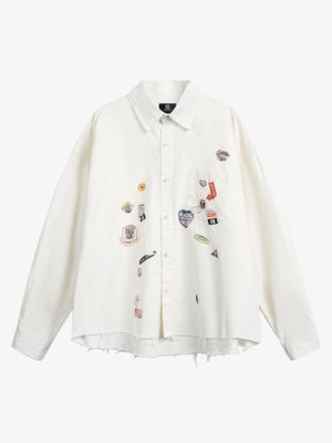 Fun Distressed Raw-edge Printed Long-sleeved Shirt 