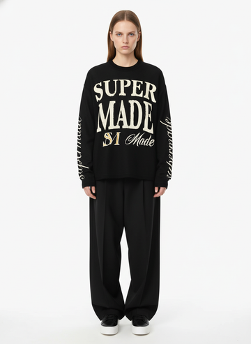 Retro Letter Print Waffle Simplicity Long-Sleeved T-Shirt - 2637 
