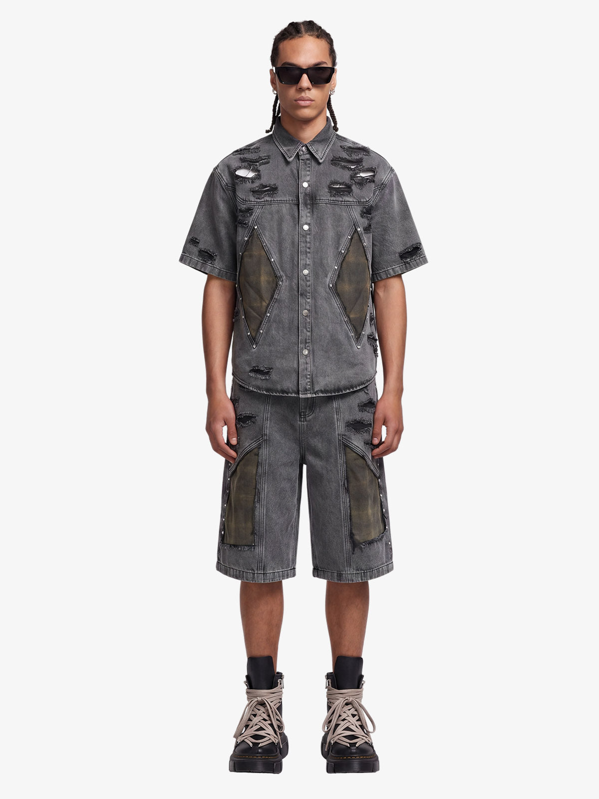 Retro Washed Plaid-Paneled Distressed Denim Set 