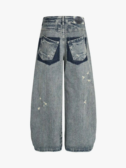 High Waist Distressed Barrel Denim Jeans 
