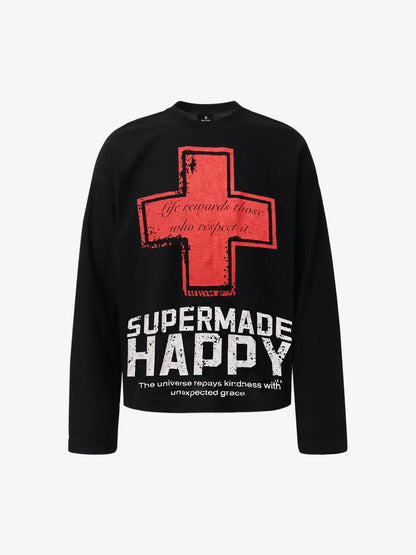 Street Cross Lettering Print Long-Sleeved T-Shirt - 2608 