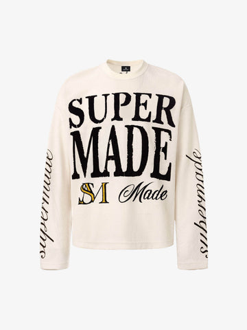 Retro Letter Print Waffle Simplicity Long-Sleeved T-Shirt - 2637 