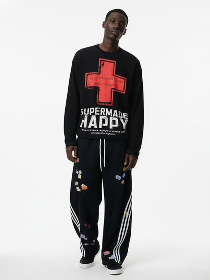 Street Cross Lettering Print Long-Sleeved T-Shirt - 2608 