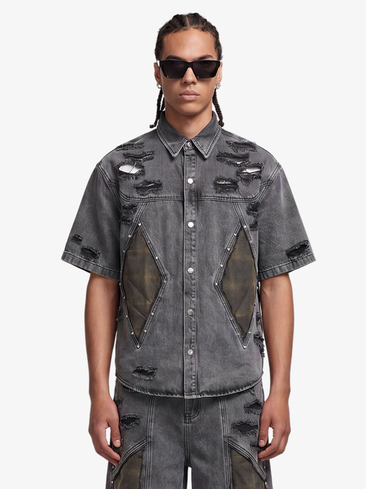 Retro Washed Plaid-Paneled Distressed Denim Set 