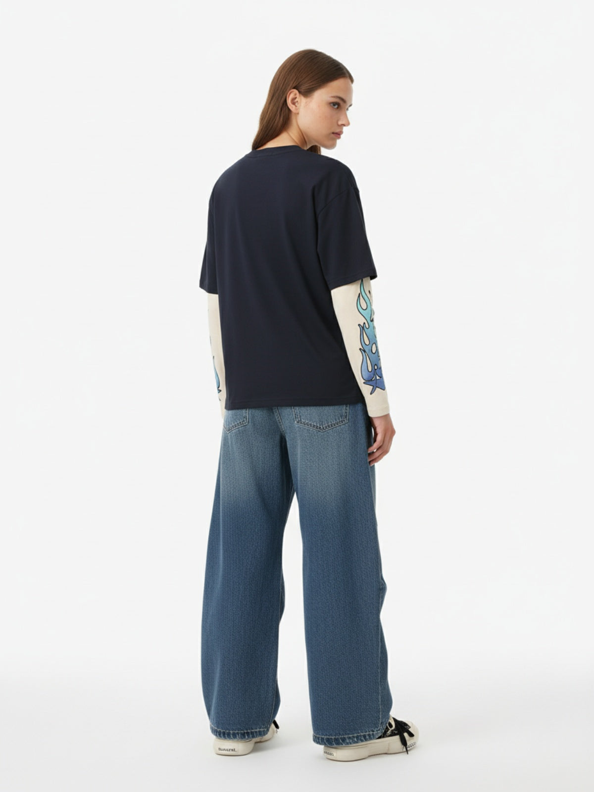 Gradient Letter Print Patchwork Faux Two-Piece Long-Sleeved T-Shirt 