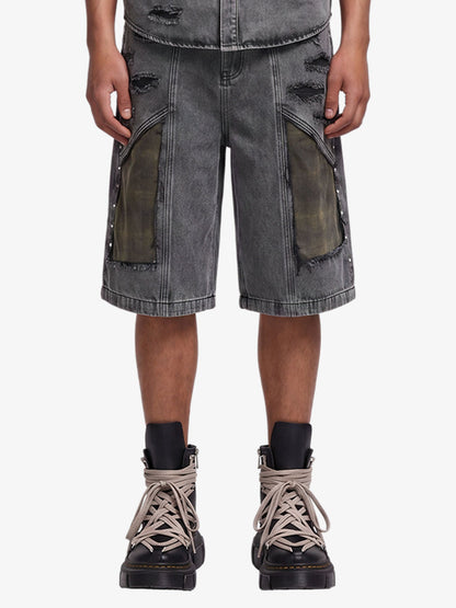 Retro Washed Plaid-Paneled Distressed Denim Set 