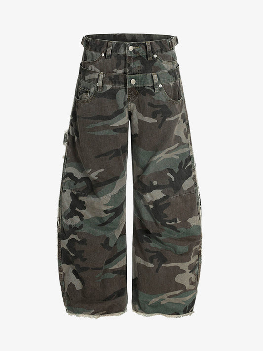 Retro Double Waist Camouflage Barrel Pants - 2555 