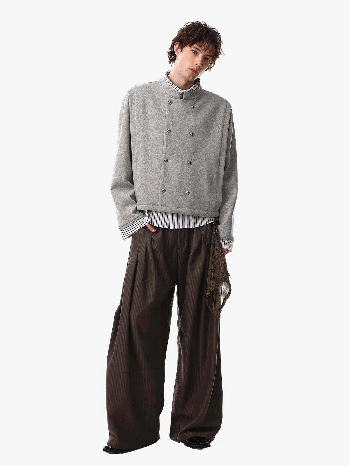 Button Detail Striped Panel Faux Layered Jacket 