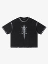 Black Distressed Oversized T-Shirt with Abstract White Print