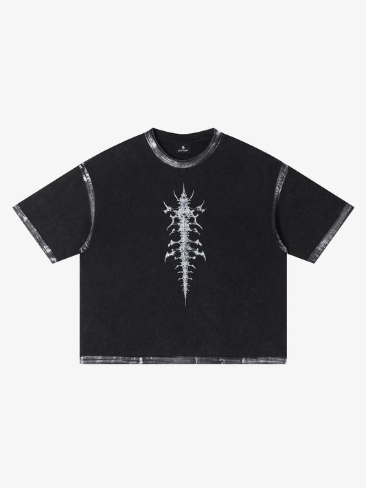 Black Distressed Oversized T-Shirt with Abstract White Print