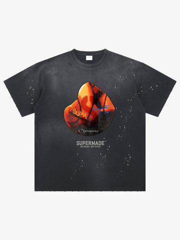 thesupermade-Cotton Basketball Print T-Shirt with Graffiti Design and Splatter Effect for Streetwear Fashion 