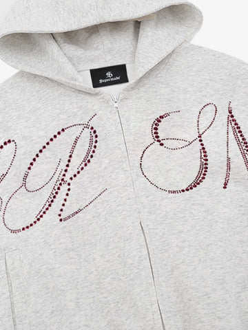 Street Hip-Hop Rhinestone Cropped Zip Up Hoodie 
