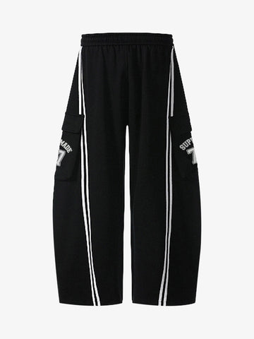 Cotton Web Stitching Letter Print Drawstring Barrel Pants 