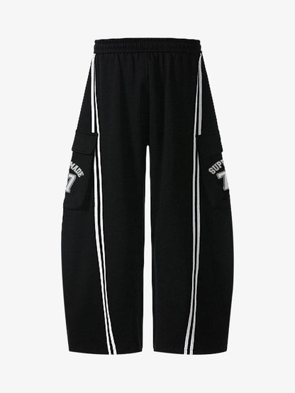 Cotton Web Stitching Letter Print Drawstring Barrel Pants 