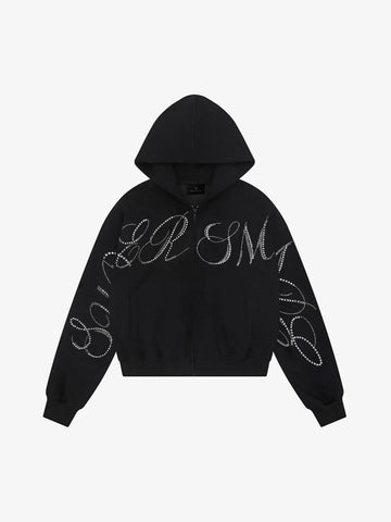 Street Hip-Hop Rhinestone Cropped Zip Up Hoodie 