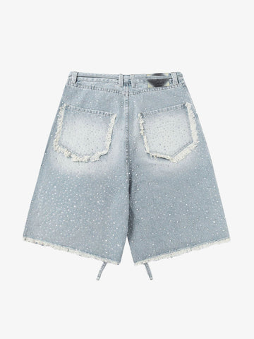 Distressed Rhinestone Denim Jorts - 2454 