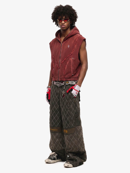 Vintage Distressed Full-Zip Hooded Sleeveless Vest