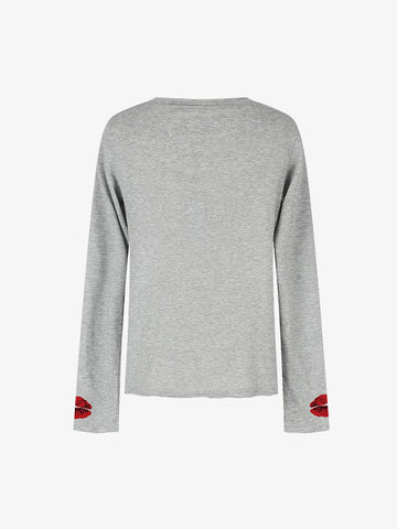 Cotton Casual T-Shirt with Lip Print Sleeve Detail