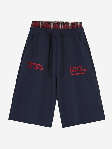 Embroidered Letter Plaid Patchwork Sporty Shorts
