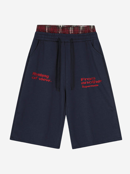 Embroidered Letter Plaid Patchwork Sporty Shorts