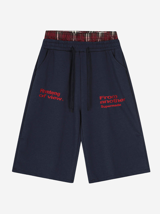 Embroidered Letter Plaid Patchwork Sporty Shorts