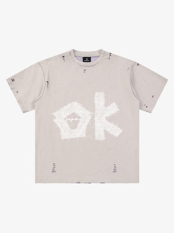 "OK" Patch Color-Block Ripped Reversible T-Shirt