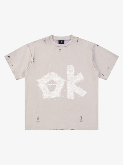 "OK" Patch Color-Block Ripped Reversible T-Shirt