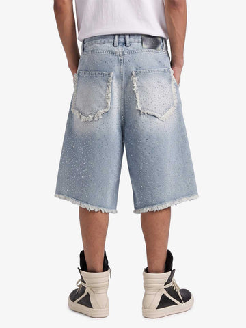 Distressed Rhinestone Denim Jorts - 2454