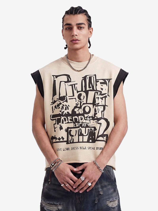 Graffiti Graphic Contrast Trim Raw Edge Sleeveless T-Shirt