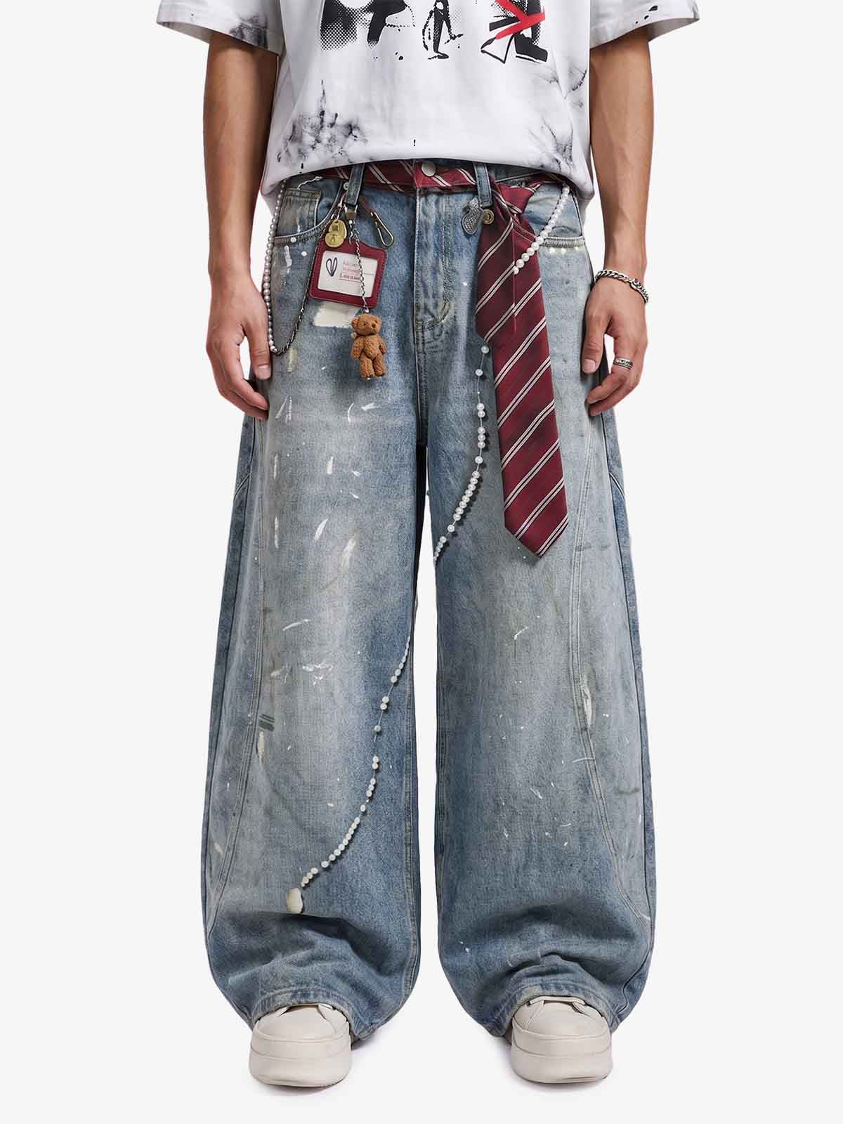 Tie Graphic Print Vintage Wash Wide Leg Denim Jeans