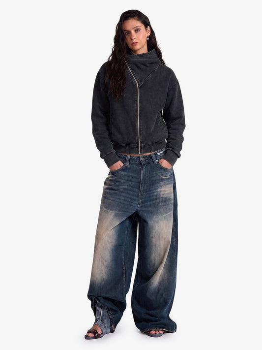 Distressed Washed Asymmetrical Placket Zip-Up Hoodie