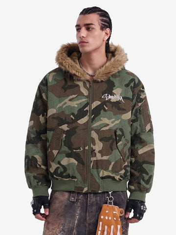 Camouflage Fur Collar Reversible Cotton Jacket - 2499
