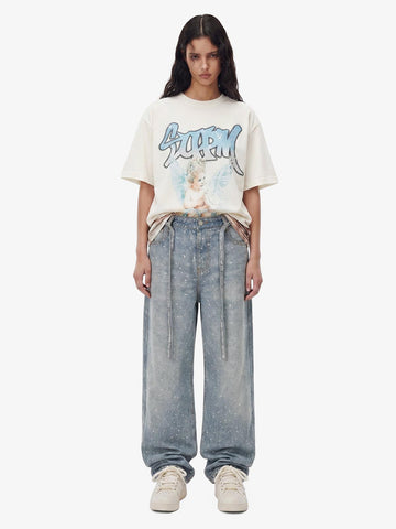 Denim Distressed Belt Diamond Decorated Jeans