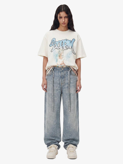 Denim Distressed Belt Diamond Decorated Jeans