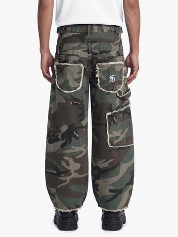 Retro Double Waist Camouflage Barrel Pants - 2555
