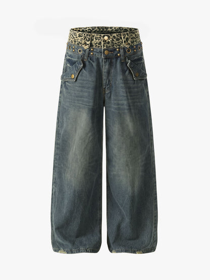 Y2K Double Waistband Leopard Print Wide Leg Jeans