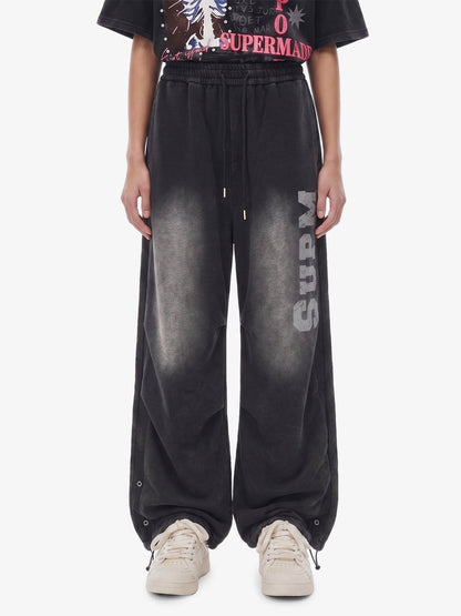 French Terry Distressed Gradient Drawstring Wide Leg Pants