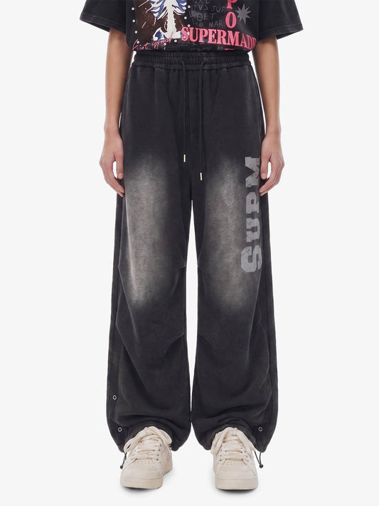 French Terry Distressed Gradient Drawstring Wide Leg Pants