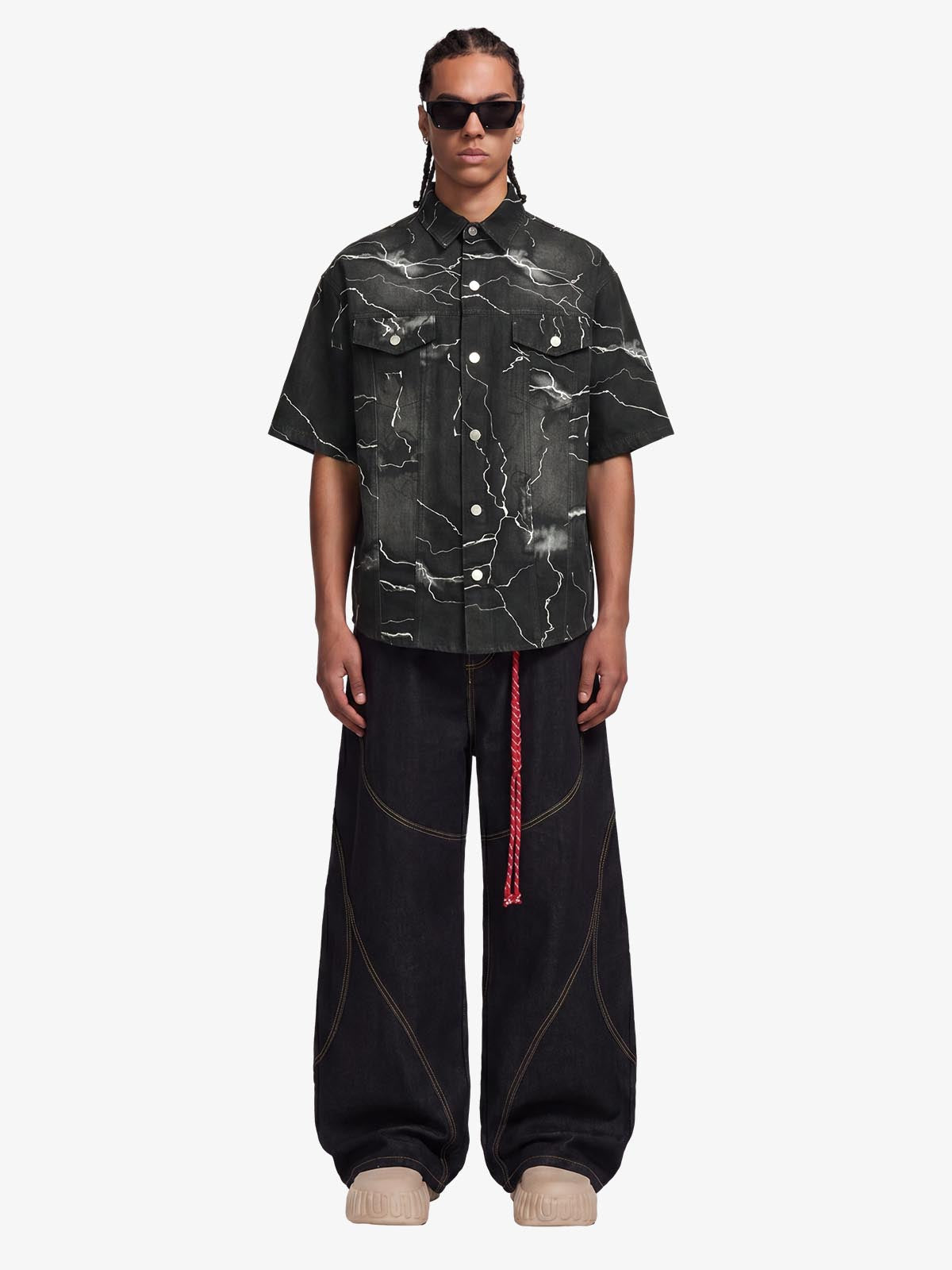 Vintage Lightning Bolt Graphic Denim Short Sleeve Shirt 