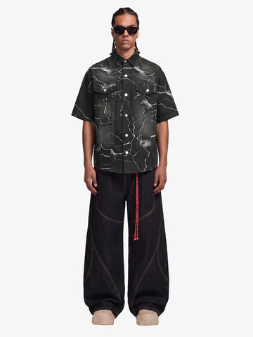 Vintage Lightning Bolt Graphic Denim Short Sleeve Shirt 