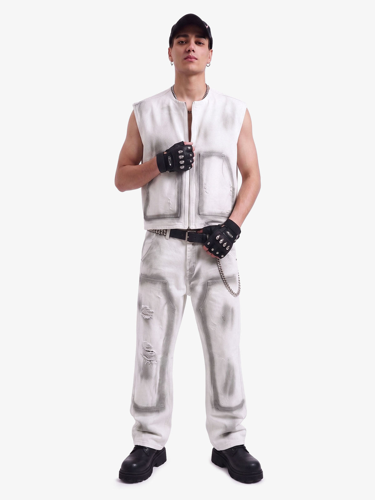 Airbrush Print Sleeveless Vest & Straight Leg Jeans Set