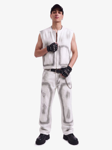 Airbrush Print Sleeveless Vest & Straight Leg Jeans Set