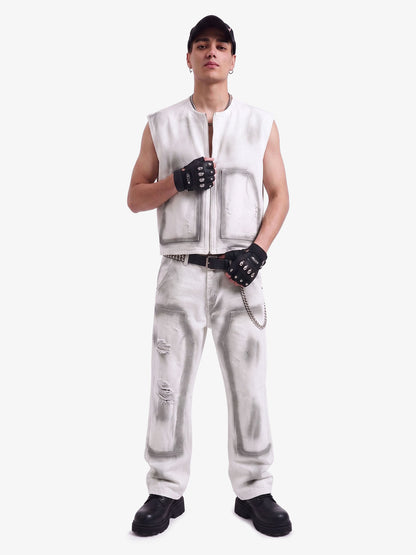 Airbrush Print Sleeveless Vest & Straight Leg Jeans Set
