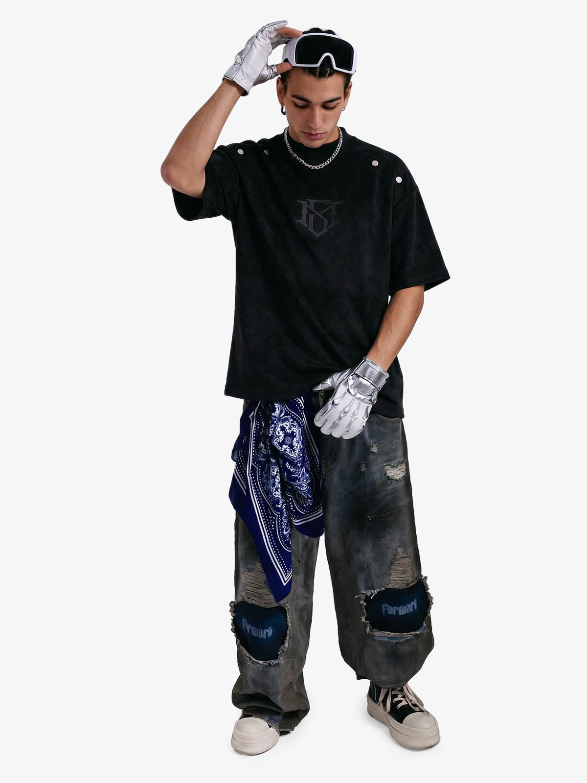 Metallic Print Suede Crew Neck T-Shirt