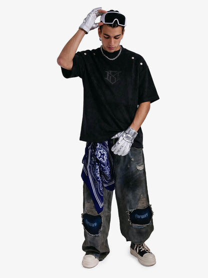 Metallic Print Suede Crew Neck T-Shirt